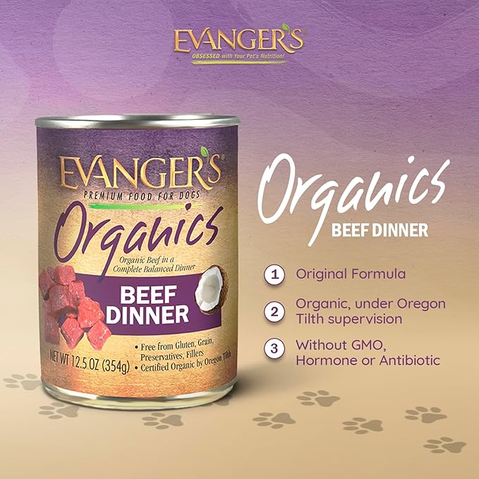 Evanger's Organics Beef Dinner for Dogs – 12 Count, 12.5 oz Each – Qualified Organic, Grain Free, GMO Free – Nutrient-Dense Recipe with Organic Vegetables – Wet Dog Food