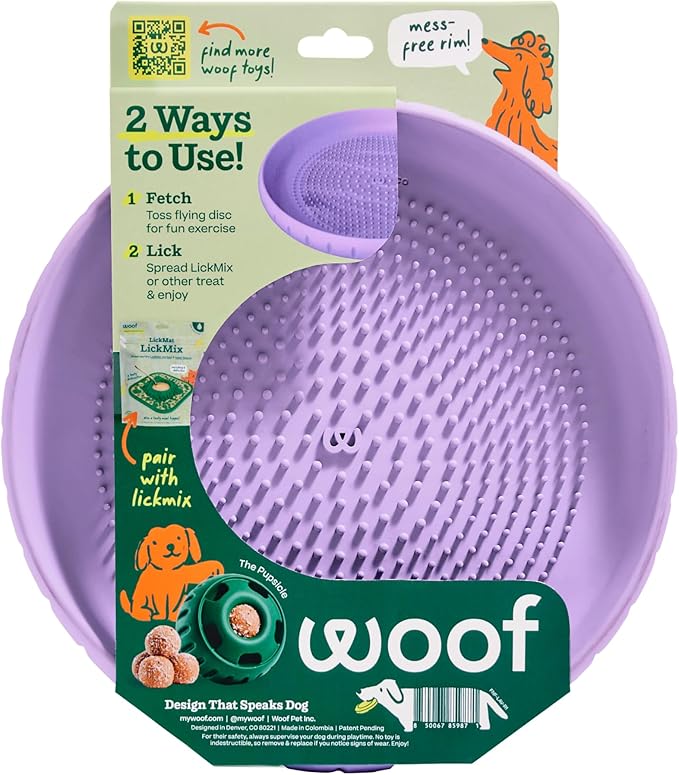WOOF Fly n’ Feed - Flying Disc and Lick Mat for Dogs - Durable Tooth-Friendly Rubber - Interactive Dog Toy for Fetch, Treat Dispensing, and Enrichment - Lavender
