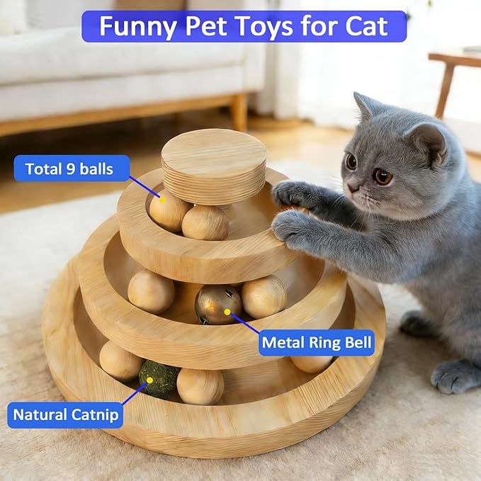 Wooden Cat Toy Ball Track Interactive Cat Toys for Indoor Cats 3 Tier Cat Tower with 9 Removable Balls Bell Catnip Toys for Cats Mental Physical Exercise Kitten Toys Puzzle