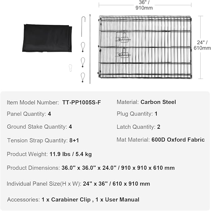 Happybuy Foldable Metal Dog Playpen, 4 Panels of 24 x 36 in, with Door and 600D Oxford Fabric Bottom Pad, Ideal for Dogs, Cats and Other Small Pets, Both Indoor and Outdoor Use