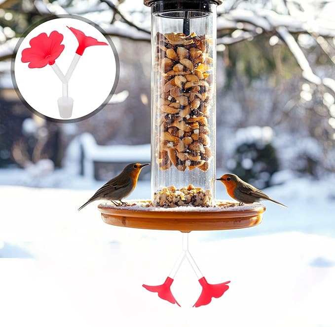 Uonlytech 3pcs Hanging Red Flower Dual-Port Hummingbird Feeders for Garden Outdoor Use, Plastic Bird Feeders with Bases, Easy to Clean and Refill, Suitable for Backyard Birding