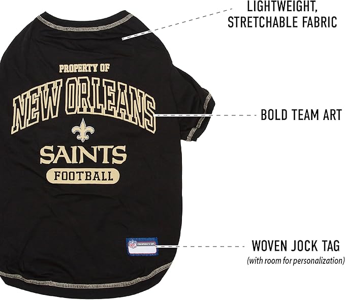 NFL New Orleans Saints Dog T-Shirt for Pets, Size Large. Officially Licensed Pet Shirt with Team Logo, Soft Stretchable Comfort Fit Apparel for Dogs & Cats