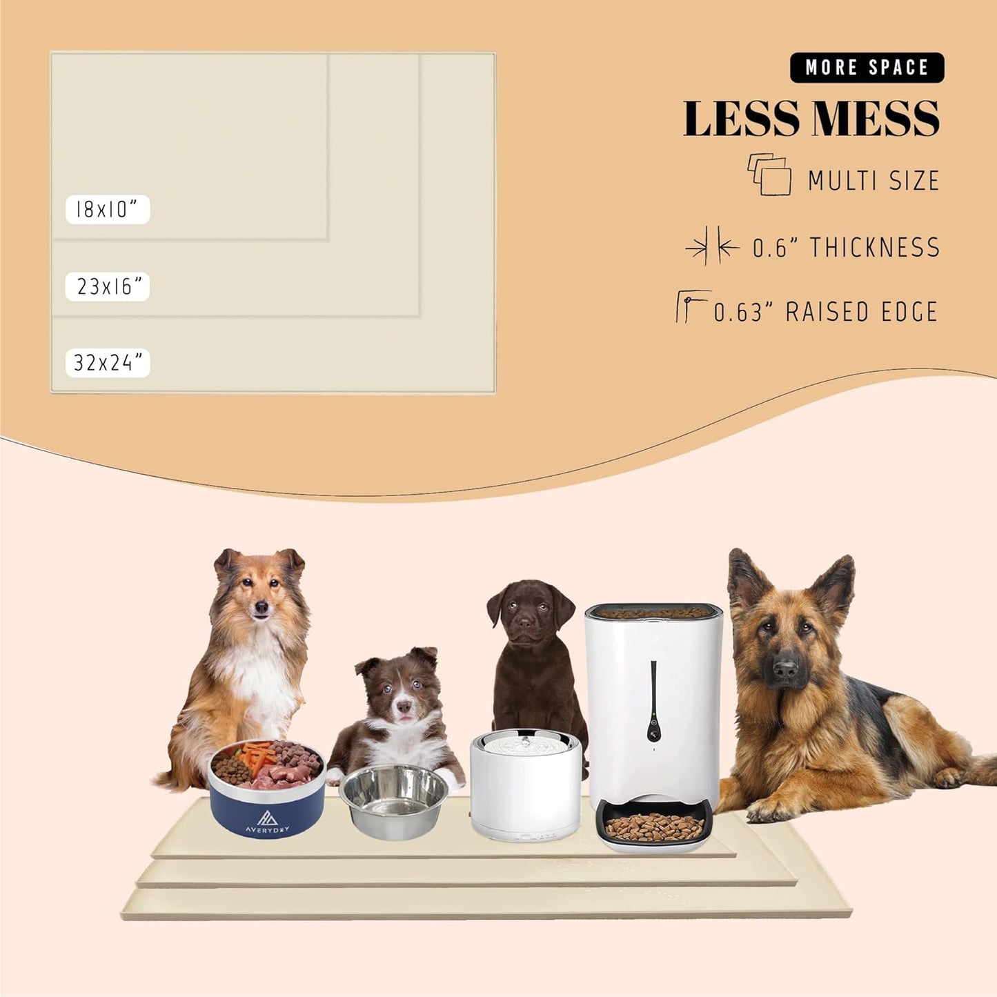 AVERYDAY 23x16'' Silicone Dog Mat for Food and Water, 0.63'' Edge Dog Food Bowl Mats for Floor Waterproof, Dogs Water Mat for Sloppy Drinker, Non Slip Rubber Pet Feeding Mats for Indoor Dogs and Cats