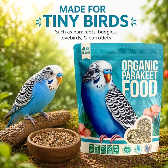Organic Parakeet Food - No Fillers, Fatty Seeds, or Dyes - Budgies, Lovebirds & Parrotlets - Premium Human Grade Seed Mix, Grain & Wholesome Veggies – Made in USA (4 lbs)