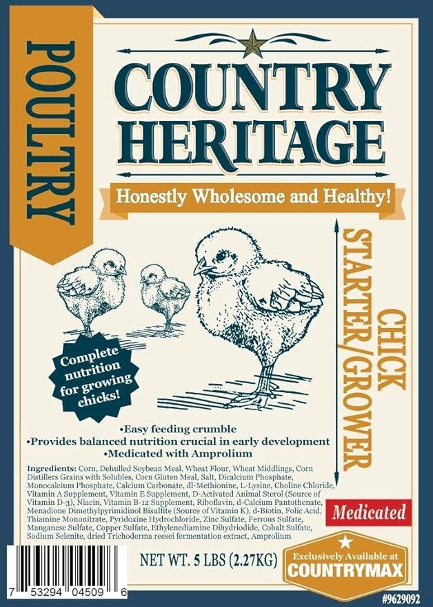 Country Heritage Medicated Chick Starter Grower Feed 5lbs - Complete Nutrition Crumble for Baby Chicks 0-16 Weeks, 18% Protein