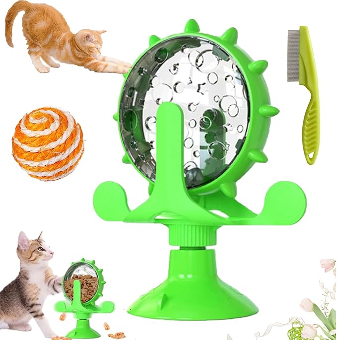 Food Spinning Windmill, Windmill Dog Treat Dispenser, 360°Rotating Treat Dispenser Toy with Suction Cup, Fun Multi Layer Rotating Turntable for Pet Toys (Green)