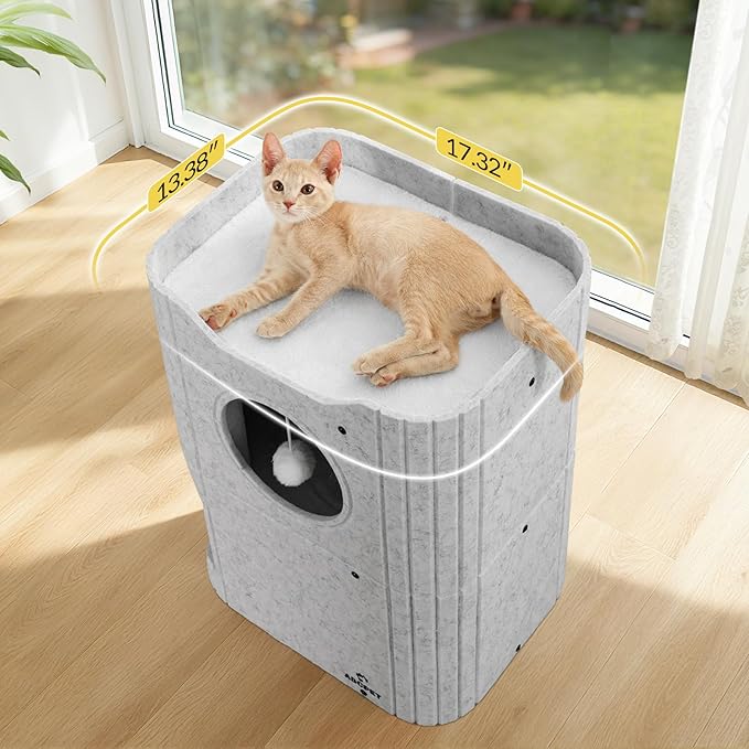 ABCPET Cat House for Indoor Cats, Cat Condo Cat Bed Cave, Felt Cats Hideaway Condo with Resistant Scratching Freedom Kitten Cube & Hanging Ball, Light Gray