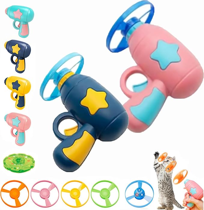 Bamboo Dragonfly Catapult Pistol, Bamboo Dragonfly Catapult Launcher, cat Fetch Toy Flying disc Saucer Launcher, Cat Fetch Toy with Colorful Flying Propellers Set (Pink+Dark Blue)