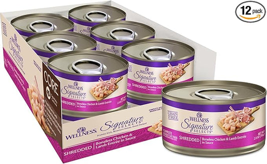 Wellness CORE Signature Selects Shredded Adult Canned Wet Cat Food, Natural, Protein Rich, Grain Free, Chicken and Lamb Entrée Recipe, 5.3 oz, Pack of 12 Cans