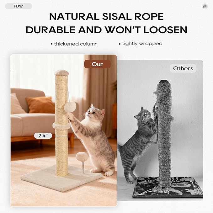 FDW 22 Inch Cat Scratching Post, Natural Sisal Cat Pole with Hanging Ball for Kittens & Small Indoor Cats, Sturdy Base, Beige