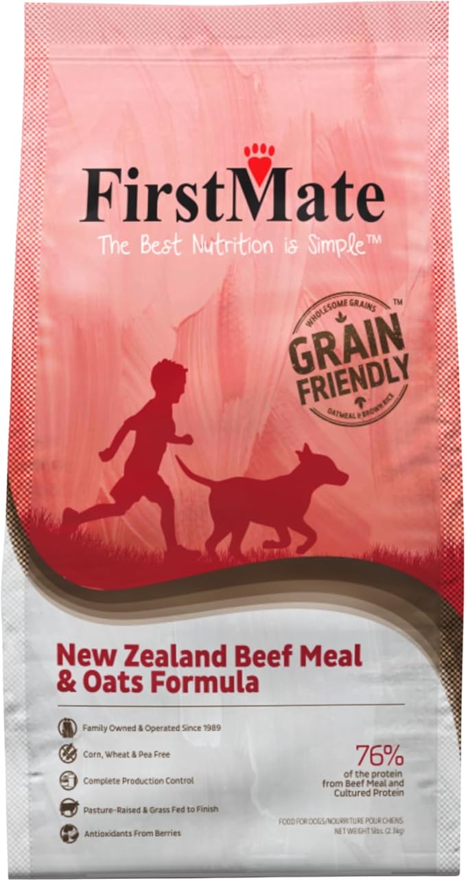 FirstMate Grain Friendly Dog Food New Zealand Beef & Oats Formula – Pasture-Raised Grass Fed Beef, Single Protein Dry Dog Food for Adult Dogs, Pea Free & Potato Free with Wholesome Grains – 25 lb Bag