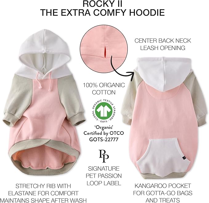 Pet Passion Rocky II - The Extra Comfy Hoodie, Organic Cotton and Recycled Poly Dog Hoodie Pet Coat Sweater for Small, Medium, Large Dogs, Pink Color Block, Medium
