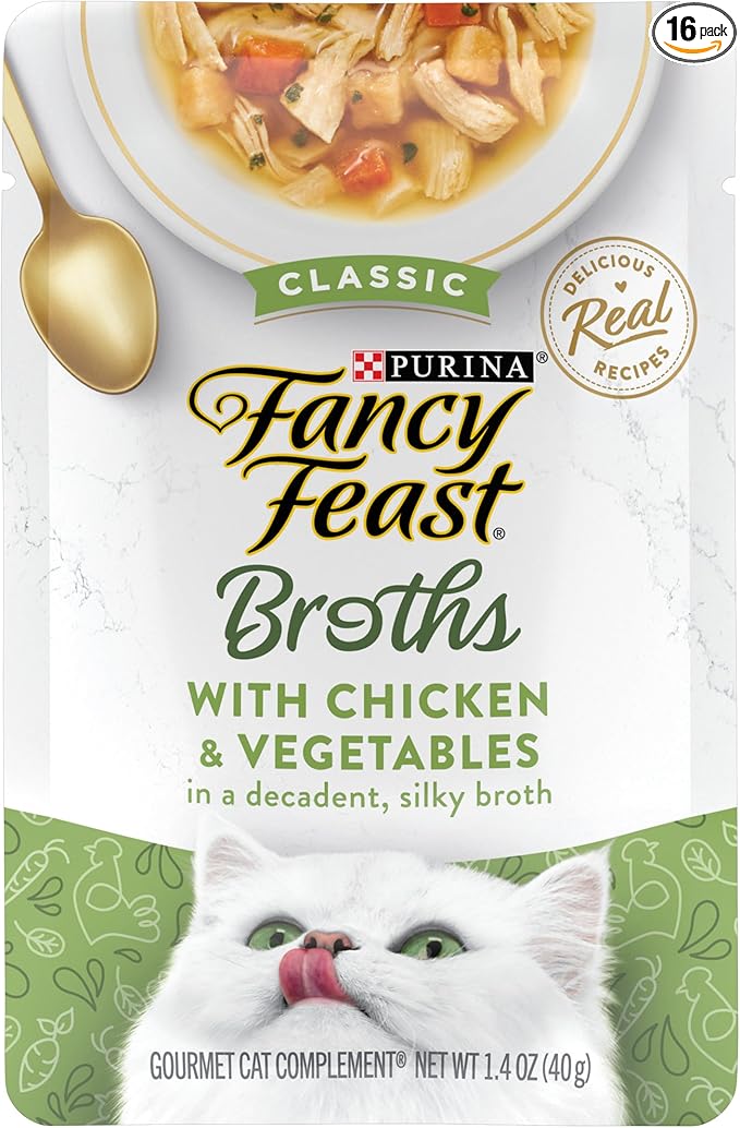 Purina Fancy Feast Broths Classic With Chicken and Vegetables Lickable Wet Cat Food Broth Topper, Pack of 16, 1.4 oz Pouches