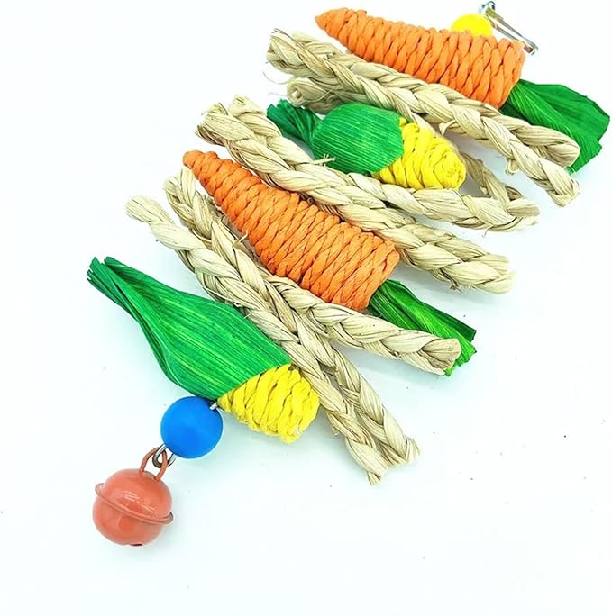 pureza Hand-Woven Straw Rope Chewing Toys for Parrots, Hamsters, and Rabbits - Carrot, Corn, and Rattan Ball Bird Cage Accessories(B Toy String)
