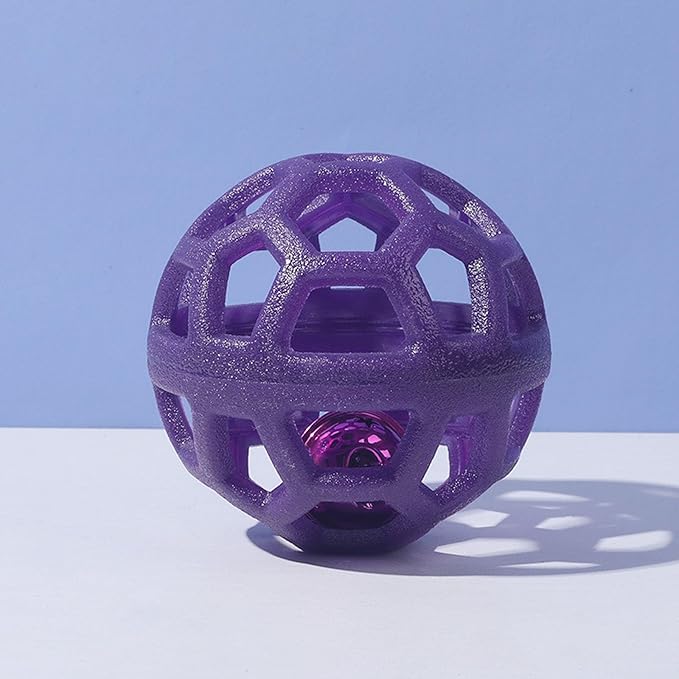 Dog Chew Toys with Bell Sound, 3 Rubber Bouncy Ball for Medium/Large Dogs, Interactive Fetch Ball Teeth Cleaning&Training, Hollow Design with Internal Bells (Purple)