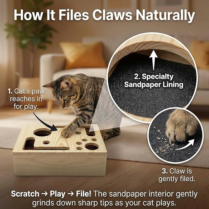 2026 Upgrade Nail File Stress Free Alternative ，Wood Cats Scratch Puzzle Enrichment Box with Bell Ball & Sandpaper Inside，Stress-Free Alternative to Claw Clippers & Grinders (with Sandpaper)