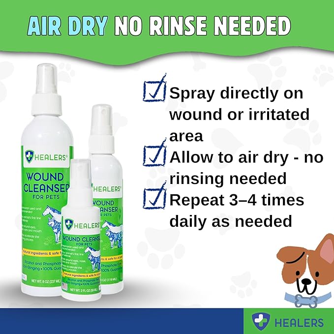 Healers Wound Cleanser for Dogs, Cats & Pets - Natural HOCl No-Rinse Spray for Cuts, Burns, Hot Spots & Skin Irritations - All Animal Wound Relief Skin Care (8oz)