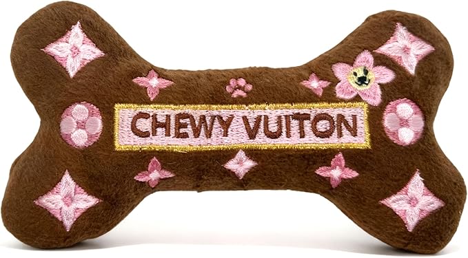 Dog Diggin Designs Chewy Vuiton Brown Blossom Plush Dog Toy Bone | Luxury-Inspired Parody Designer Bone with Squeaker, Soft Plush Chew & Play Dog Toy – Prêt-à-Porter Play!