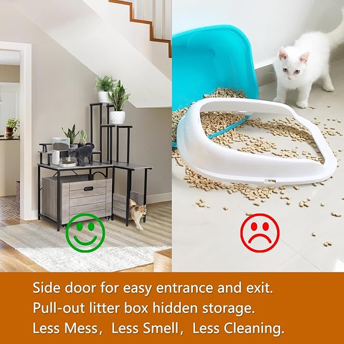 IDEALHOUSE 2024 New Hidden Litter Box Furniture - Cat Litter Box Enclosure Furniture with Flower Stand, Pullable Carring Tray, Coner Plant Stand, Corner Wooden Cat Washroom