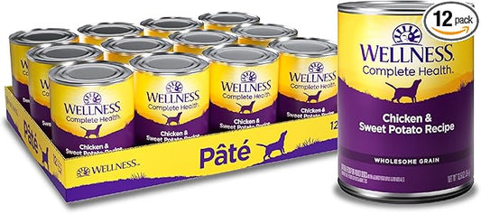 Wellness Complete Health Pate Adult Canned Wet Dog Food, Wholesome Grains, Natural, Chicken and Sweet Potato, 12.5 oz, Pack of 12 Cans