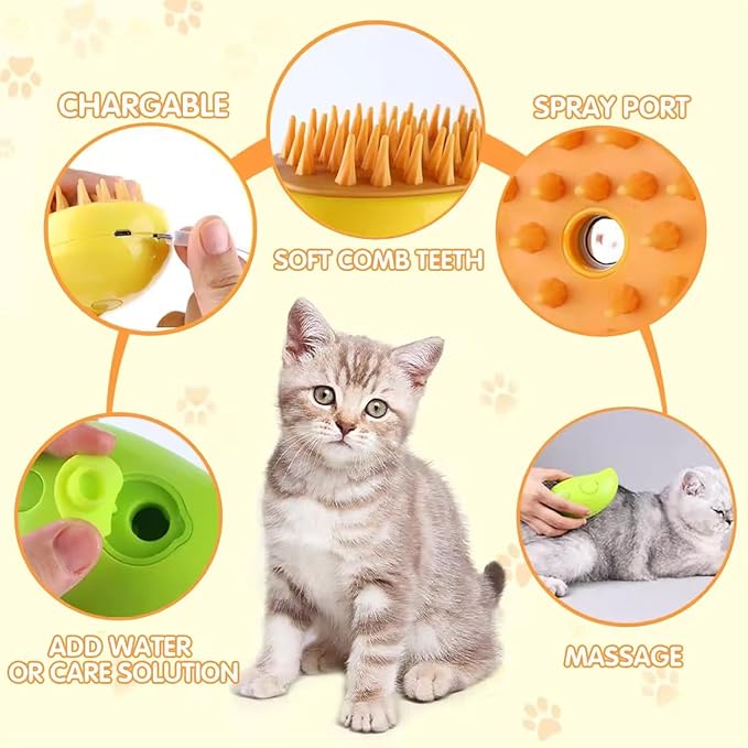 Steamy Cat Brush - 3-in-1 Self-Cleaning Grooming Tool for Cats and Dogs, Cat Steamer Brush for Massage - Removes Tangled And Loose Hair
