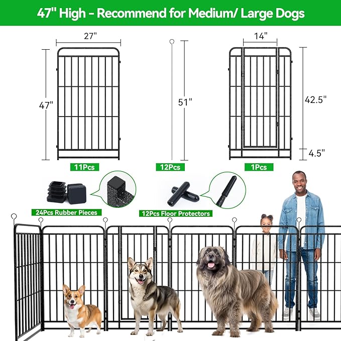 Kfvigoho Heavy Duty Dog Playpen: 12 Steel Panels 47" Height, Square Steel Pipe with Reinforced Crossbars, 27FT 57 Sq.ft Portable Fence for Yard RV Camping, Snowy Black