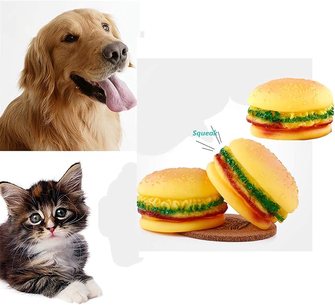 Pet Chew Toy Interactive Dog Food Toy Bite Hamburger 3 Pack Soft Non-Toxic Teeth Cleaning Dog Toys Squeaky for Puppies Small Dogs Cats DT11 Hamburger
