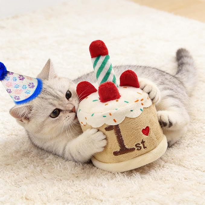 Cat Birthday Toy Kitten Cake with Birthday Hat Puppy Dog Plush Gift for Small Medium Pet (1 Year)