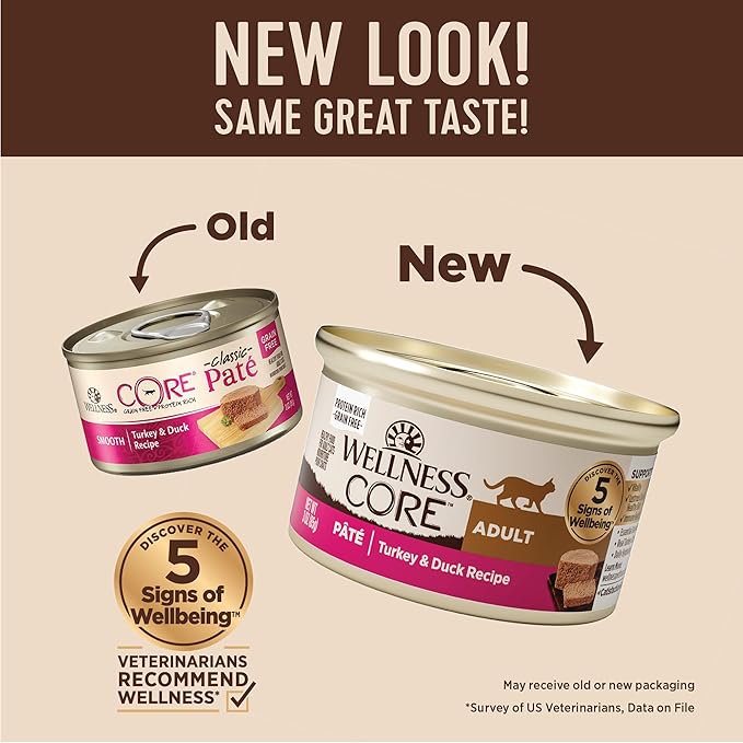 Wellness CORE Pate Adult Canned Wet Cat Food, Natural, Protein Rich, Grain Free, Turkey and Duck Recipe, 3 oz, Pack of 12 Cans
