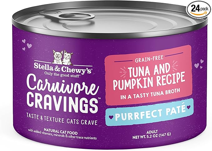 Stella & Chewy's Carnivore Cravings Purrfect Paté - Premium Grain-Free Wet Cat Food - Tuna & Pumpkin Recipe - High Protein with Bone Broth - Perfect for Picky Eaters - 5.2oz Cans (24 Pack)