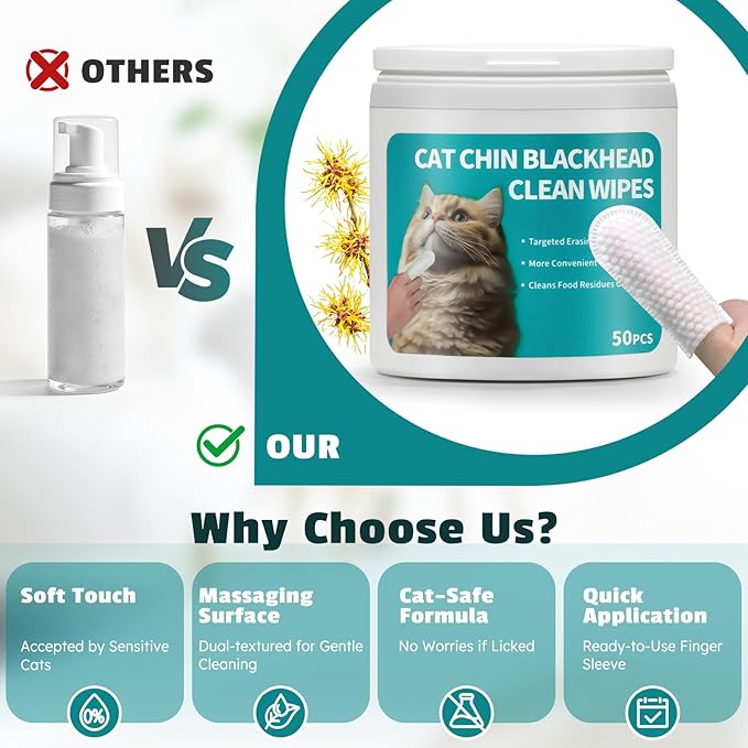 Cat Chin Finger Wipes – for Oil & Blackhead Build-Up, Gentle Plant-Based Formula for Sensitive Skin, No-Rinse, Daily Cat Chin Cleaning Wipes, All Ages, 50 Count