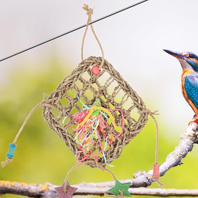 FRCOLOR Natural Seagrass Birdcage Hanging Woven Hammock for Parrots Parakeets Foraging Climbing Chewing Safe Cage Accessory