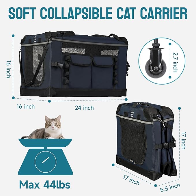 PEGIC 24-inch Foldable Cat Carrier with Removable Wheels – Large Pet Travel Carrier for Cats & Small Dogs, Breathable & Sturdy for Car Rides (Holds up to 44lbs)
