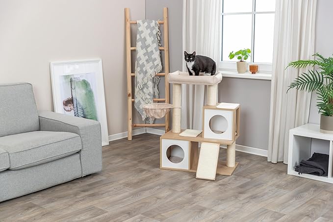 Trixie Addison Cat Tree – Indoor Cat Furniture with Sisal Scratching Posts, Condos, Hammock & Cozy Bed – Cat Tower for Scratching & Climbing – Beige, 15.7" x 27.2" x 35.4"