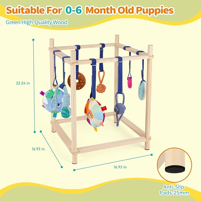 Wooden Puppy Play Gym for Small Dogs, Puppy Jungle Gym with 8 Hanging Toys, Wood Frame Indoor Puppy Gym with Dog Enrichment Toys for Puppies and Small Pets
