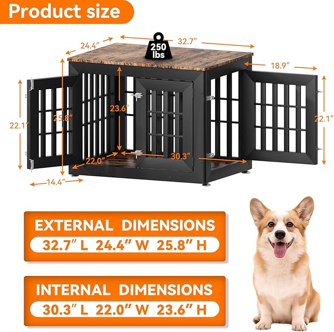 Snuowu 32" Heavy-Duty Dog Crate Furniture for Small/Medium Dogs, Rustic Wooden Dog Cage Kennel Indoor Furniture, Decorative Pet House End Table, Black & Wood