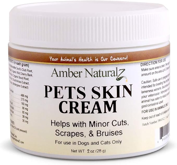 AMBER NATURALZ Pets Skin Cream Herbal Balm for Dogs and Cats | Pet Skin Cream for Minor Scrapes, Paws, Snout, Skin, and Wrinkles | 2 Ounce Container