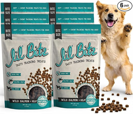 Lil' Bitz Soft & Chewy Training Treats for Dogs, Bite Size Reward Treats for Training & Positive Reinforcement, Grain Free Dog Treats Made with Wild Salmon & Kelp, All Breeds, 6 Pack (4 oz Each)