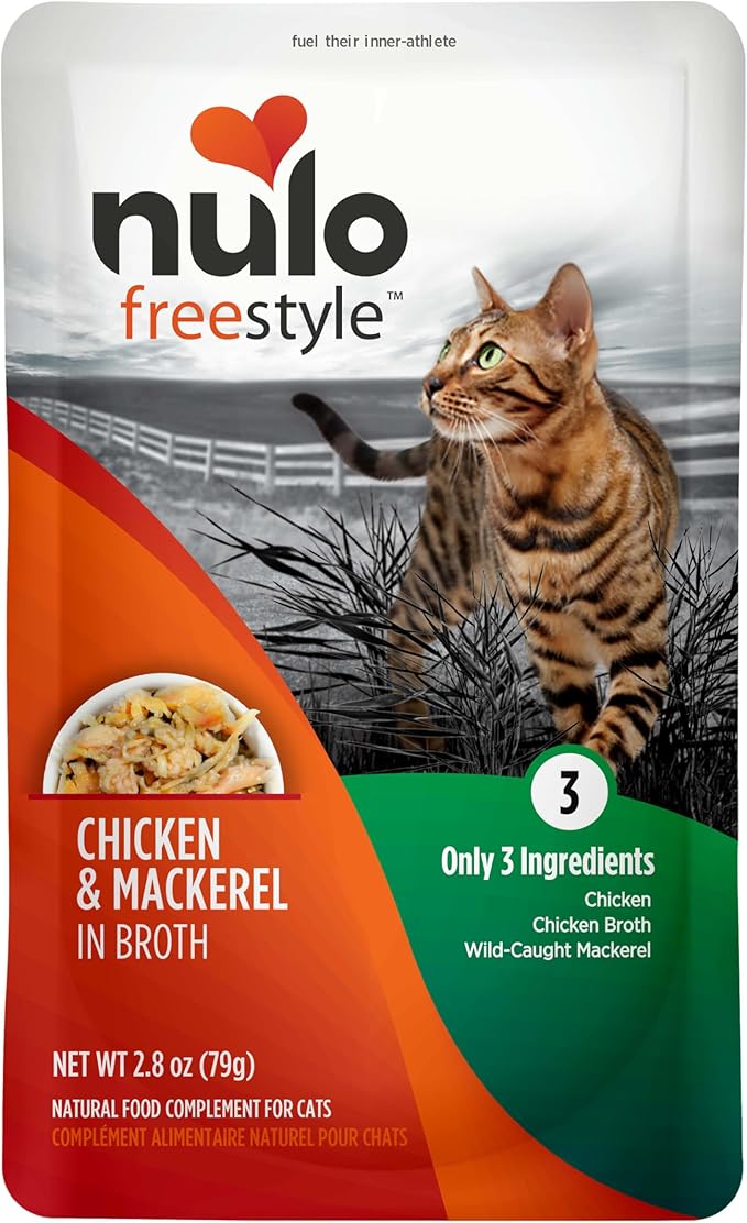 Nulo Freestyle Cat & Kitten Wet Cat Food - Chicken & Mackerel in Broth, Grain-Free, High Protein Soft Food Topper Treat, 2.8oz Pouches (Pack of 24)