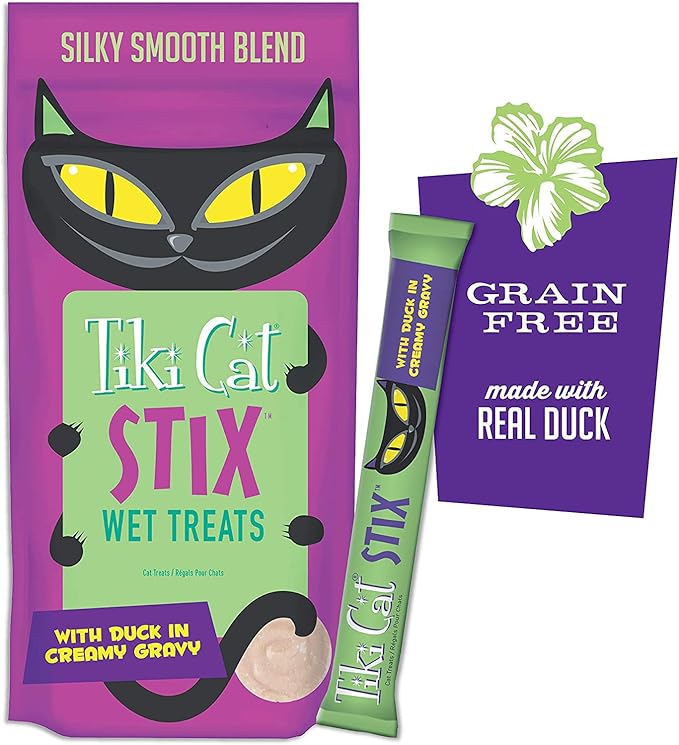 Tiki Cat Stix Wet Treats, Grain Free Lickable Silky Smooth Blend in Creamy Gravy - Chicken, Salmon and Duck with 10ct Pet Wipes