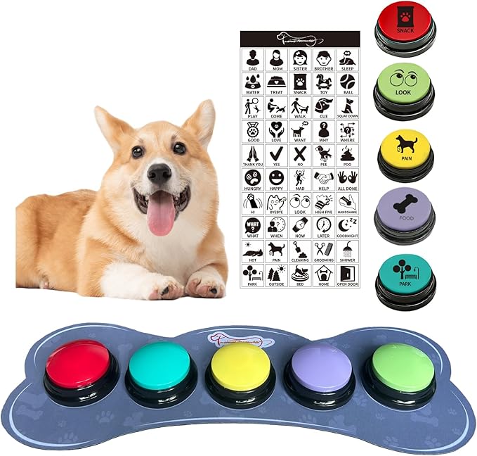 Set of 5 Color Dog Buttons With Rubber Mat for Communication, Voice Recording, Talking, Pet Training & Behavior Aids - Train Your Dog to Voice What They Want