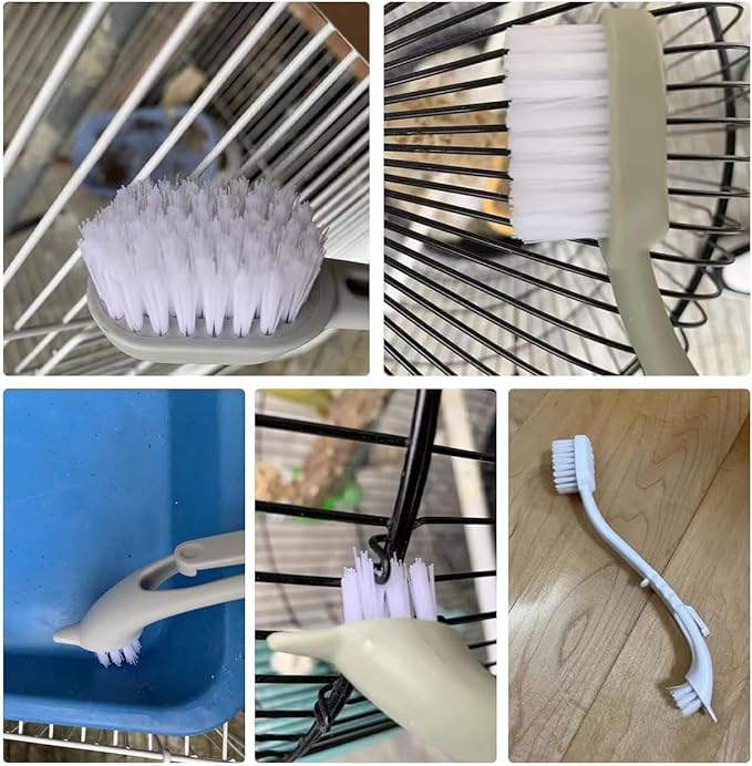 Bird Cage Cleaner with Double Brush Heads Long Handle Cleaning Tool for Small Animal Ferret Bunny Guinea Pigs Cages Food Bowl Pads Groomming (6PC)