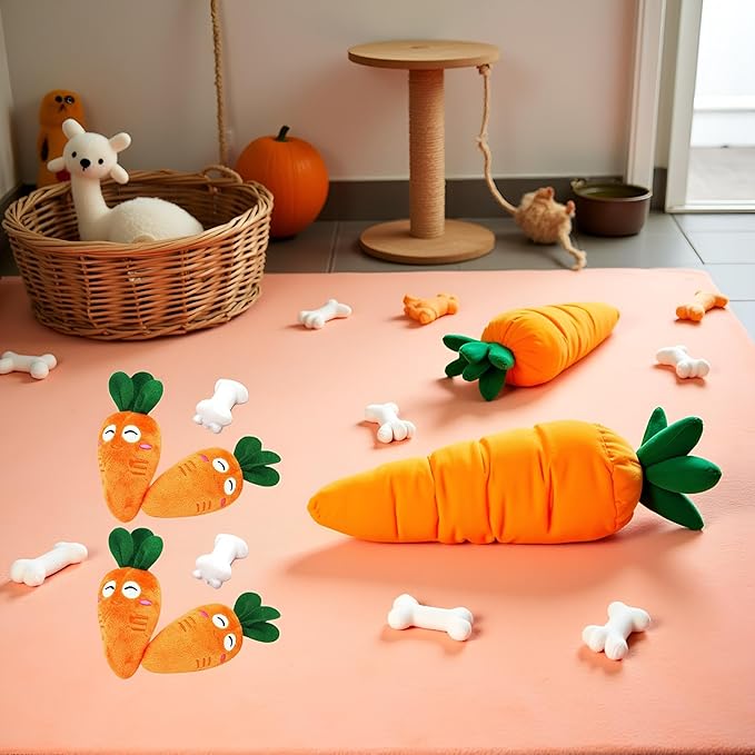4Pcs Carrot Dog Toys with Multi-Squeakers - Soft Plush Chew Toys for Puppies and Cats, Interactive Bite-Resistant Pet Supplies, Cute Carrot-Shaped Cat/Dog Toy
