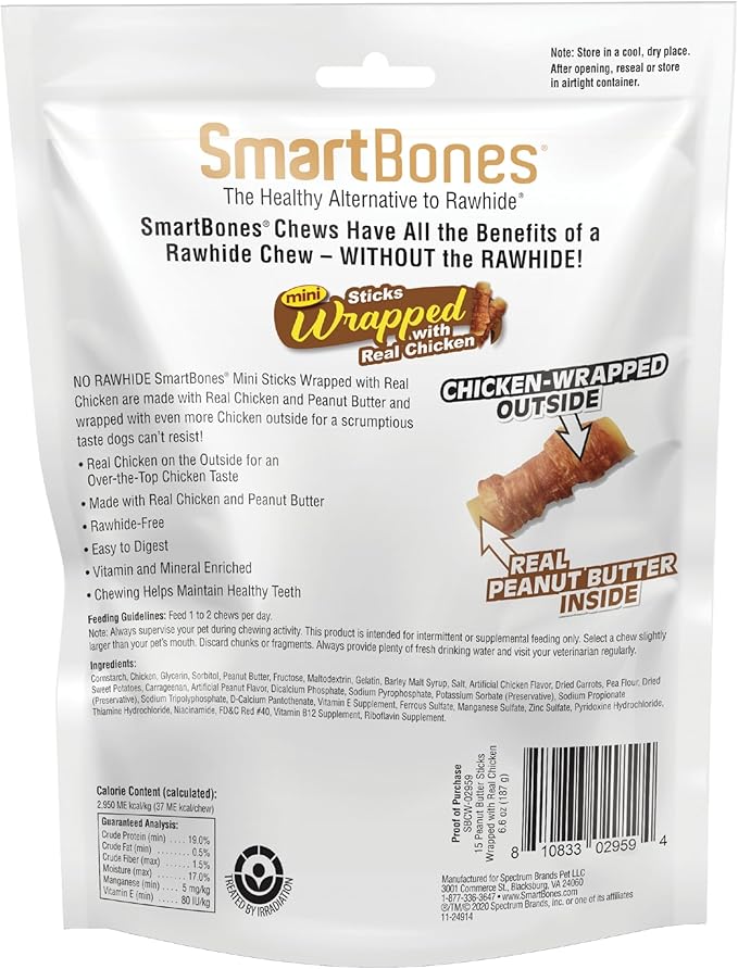 SmartBones Mini Chicken-Wrapped Sticks for Dogs with Real Peanut Butter, Rawhide-Free Dog Chew, 15 Count (Pack of 3)