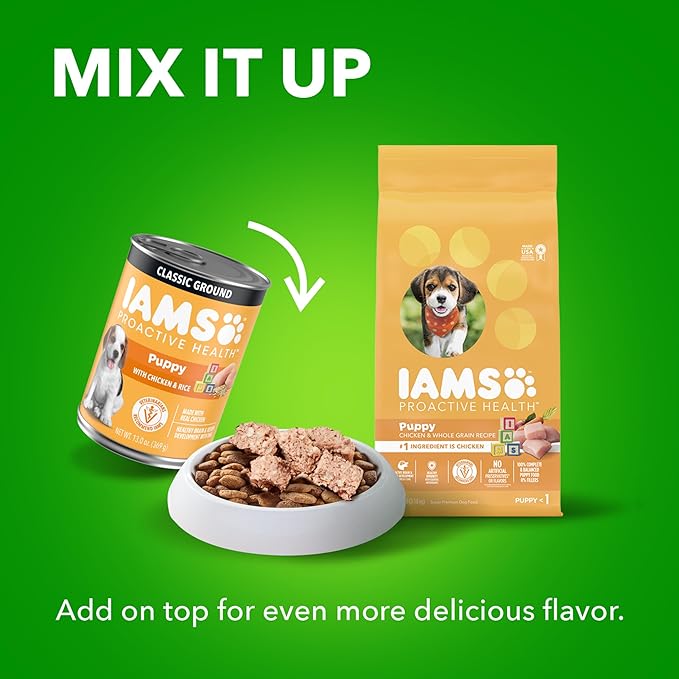IAMS Proactive Health Puppy Wet Dog Food, Classic Ground Dog Wet Food, with Chicken and Rice, 13 oz. Cans (Pack of 12)