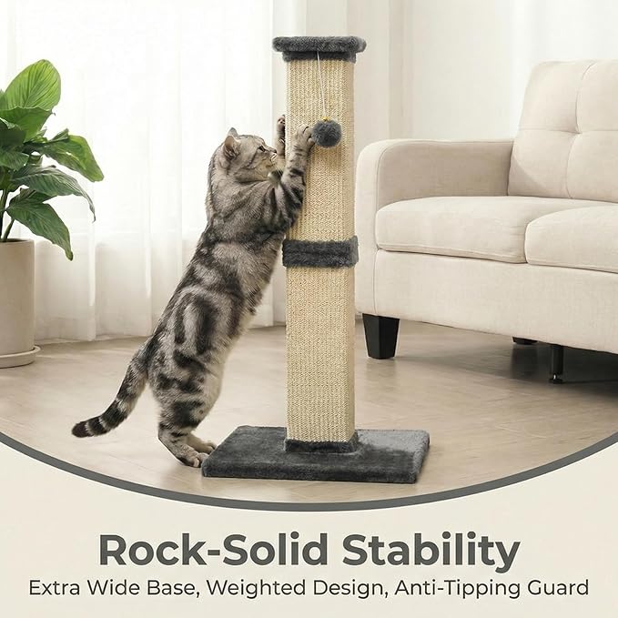 Fansafurn Tall Cat Scratching Post, 32'' Heavy Duty and Thick Scratching Post, Scratching Post for Adult Cats, Thick Sisal Rope with Hanging Ball, Grey