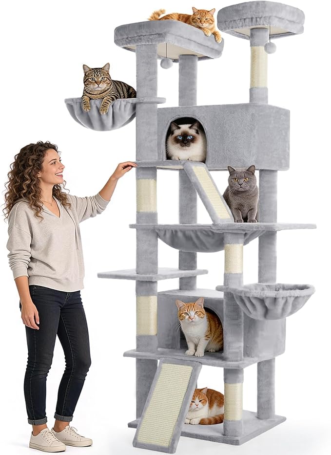 ABCPET Cat Tree 82 in Multi-Level Cat Tower for Indoor Cats, Heavy Duty Large Cat Tree with Sisal Scratching Posts, Hammock, 2 Perches, 2 Condos, 2 Hanging Baskets, Light Grey