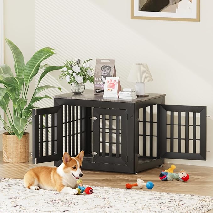Snuowu 32" Heavy-Duty Dog Crate Furniture for Small/Medium Dogs, Rustic Wooden Dog Cage Kennel Indoor Furniture, Decorative Pet House End Table, Black & Grey