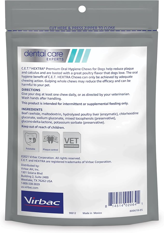 Virbac C.E.T.® HEXTRA® Premium Oral Hygiene Chews for Dogs, Rawhide Coated to Fight Bacteria and Reduce Plaque and Tartar, under 11 lbs