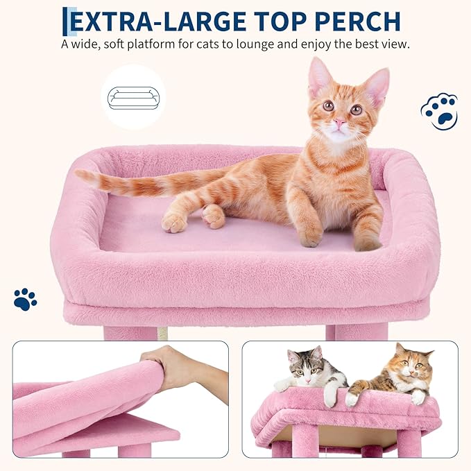 61.4 Inch Cat Tree, Large Cat Tower with Sisal Scratching Posts, 2 Spacious Cat Beds, Hanging Ball & Top Perch, Ideal for Large Indoor Adult Cats, Pink
